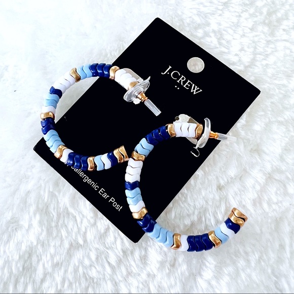 J. Crew Blue and White Colorblock Beaded Chevron Hoop Earrings - Picture 1 of 4